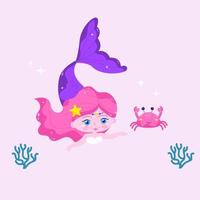 Cartoon mermaid swimming with crab. Vector