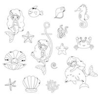 Set of elements outline underwater world of mermaid, fish, seahorse, star, crab. vector