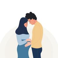A pregnant Muslim woman in hijab and her man holding her belly. vector