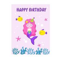 Happy birthday mermaid with a gift. Vector