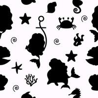 Seamless mermaid pattern and underwater world silhouette. vector