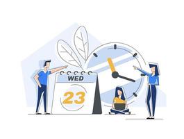 personajes que planifican tareas de trabajo, programan el uso del calendario, gestión del tiempo vector