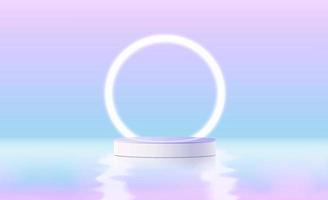 Realistic purple and white 3d cylinder pedestal podium with glowing neon circle lamp background. A Minimal scene for products stage showcase, and promotion display. Vector geometric platform.