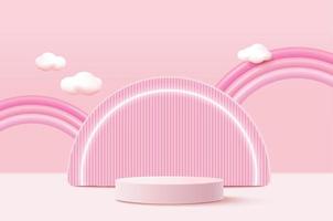 podio de pedestal de cilindro rosa y 3d realista con lámpara de semicírculo de neón brillante. una escena mínima para el escaparate de la etapa de productos y la exhibición de promoción. plataforma geométrica vectorial.