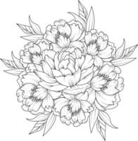 Bouquet of peony flower hand drawn pencil sketch coloring page and book for adults isolated on white background floral element illustration ink art, decorative vector design