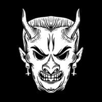 Demon head art Illustration hand drawn black and white vector for tattoo, sticker, poster etc