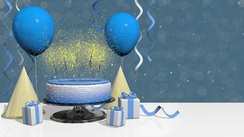 bolo de aniversário de creme branco e azul com varinhas iluminadas ejetando faíscas, cena decorada com balões, flâmulas e presentes girando contra fundo desfocado azul. seqüência de loop. animação 3d video