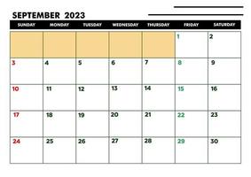 calendario a4 para agenda o diario septiembre 2023 vector