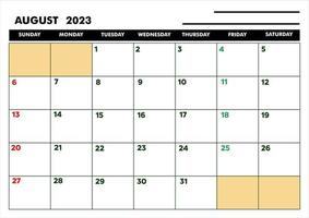 A4 Calender for agenda or diary august 2023 vector