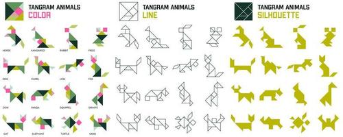 Tangram puzzle. Set of tangram animals. Color, line and silhouette. Jigsaw for kids. Vector set. Vector illustration