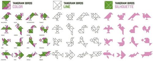 Tangram puzzle. Set of tangram Birds and Fish. Color, line and silhouette. Jigsaw for kids. Vector set. Vector illustration