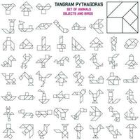 Puzzle game Pythagoras for children. Tangram. Pythagoras square. Schemas with different animals, birds and objects. Vector illustration