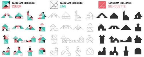 Tangram puzzle. Set of tangram buildings. Color, line and silhouette. Jigsaw for kids. Vector set. Vector illustration