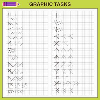 Graphic tasks. Educational game for preschool children. Worksheets for practicing logic and motor skills. Game for children. Graphic tasks with different objects and elements. Vector illustration