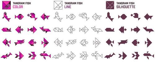 Tangram puzzle. Set of tangram Fish. Color, line and silhouette. Jigsaw for kids. Vector set. Vector illustration