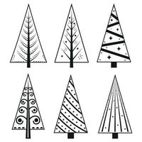 A set of Christmas trees in the doodle style, black outline. Isolated vector illustration.