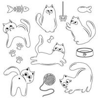 Set of cute cat characters, black outline, doodle style, isolated vector illustration