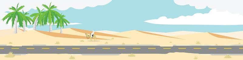 Road LandscapeLandscape of empty asphalt on the desert. Desert background with an oasis and a camel rider. Under the blue sky and white clouds. vector