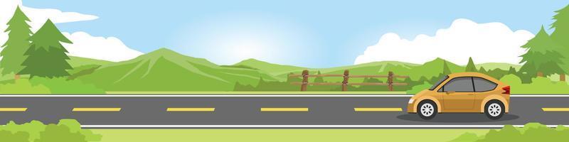 Happy family  car for banner. Car sedan for travel.  Asphalt road near the green grass and mountain under clear sky for winter travel. Copy Space Flat Vector. vector