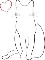 Contour drawn black cat in minimalist style with red heart vector illustration