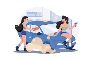 concepto de ilustración de lavado de autos en bikini. una ilustración plana aislada sobre fondo blanco vector