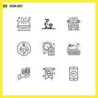 Universal Icon Symbols Group of 9 Modern Outlines of clock food lamp salad vehicle Editable Vector Design Elements