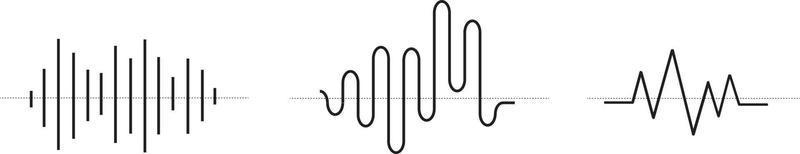 Sinusoid signals set. Black curve sound waves collection. Voice or music audio concept. Pulse lines. Electronic radio signals with different frequency and amplitude vector