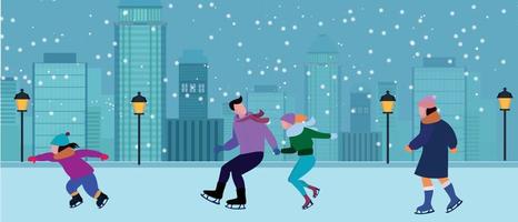 Feliz navidad y próspero año nuevo. escena navideña con personajes de personas patinando juntos en una pista de hielo al aire libre. ilustración vectorial vector