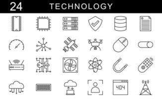 Technology icons set. Technology progress science, cloud computing, server, magnet, drone, connecting, ai, router, keyboard and database. Vector illustration. EPS 10.