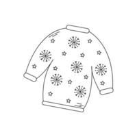 suéter feo del doodle de navidad. icono de suéter monocromo de navidad con copos de nieve y estrellas vector