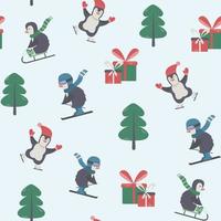 Seamless pattern of cute funny cartoon penguins skiing, sledging and skating with warm clothes. Winter vector baby illustration for children print.
