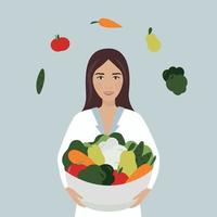 Nutritionist concept. Vector cartoon pretty young woman with vegetables and fruits bowl. Diet planner. Nutrition therapy with healthy food.