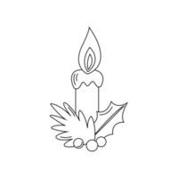 Doodle burning Christmas candle with leaves and berries Christmas cartoon decoration in flat style vector