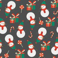 Vector seamless pattern of doodle snowmen. Colorful snowmen on dark background. Candy canes, gift boxes, Christmas symbols concept