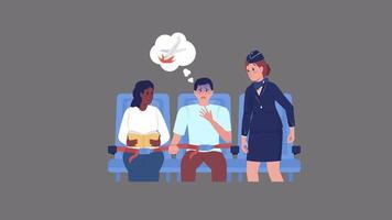 Animated panicking guy character. Fear of flying. Anxiety in plane. Full body flat people on grey background with alpha channel transparency. Colorful cartoon style HD video footage for animation