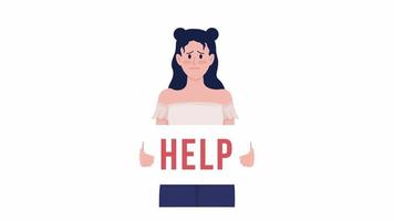 Animated afraid girl. Anxious young woman. Need help. Full body flat person on white background with alpha channel transparency. Colorful cartoon style HD video footage of character for animation