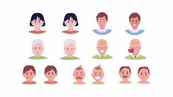 conjunto de emociones animadas de los miembros de la familia. mostrando sentimientos. cabeza de personajes planos con animación de expresión facial. imágenes de video hd de estilo de dibujos animados coloridos en blanco con transparencia de canal alfa