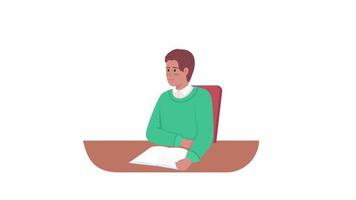 Animated student character. Man listens carefully. Lecture class. Full body flat person on white background with alpha channel transparency. Colorful cartoon style HD video footage for animation