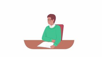 Animated student character. Man listens carefully. Lecture class. Full body flat person on white background with alpha channel transparency. Colorful cartoon style HD video footage for animation