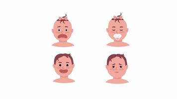 Animated little babies emotion set. Happy infant. Crying toddler. Flat character head with facial expression animation. Colorful cartoon style HD video footage on white with alpha channel transparency