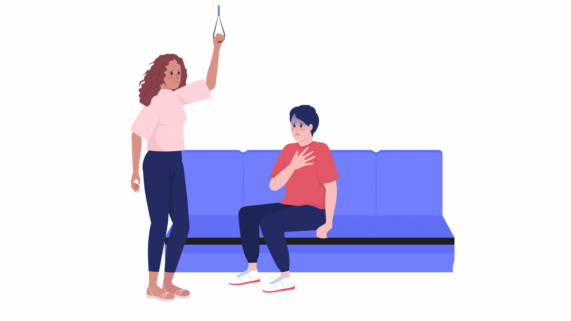 Animated worried characters. Passenger anxiety. Panic attack. Full body