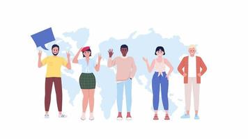 Animated international group concept. Looped 2D cartoon flat characters on white with alpha channel transparency for web design. HD video footage. Foreign community creative idea animation