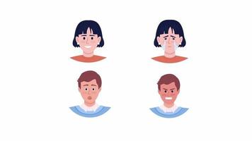 Animated young people emotion set. Woman and man show feelings. Flat character head with facial expression animation. Colorful cartoon style HD video footage on white with alpha channel transparency