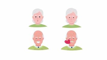 animierte Großeltern-Emotionsset. Gefühle alter Menschen. flacher charakterkopf mit gesichtsausdruckanimation. HD-Videomaterial im farbenfrohen Cartoon-Stil auf Weiß mit Alphakanal-Transparenz video