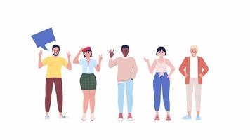 Animated multilanguage characters. Diverse group smiling and greeting. Full body flat people on white background with alpha channel transparency. Colorful cartoon style HD video footage for animation