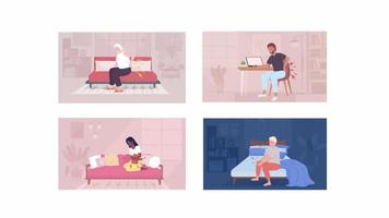 Animated pains illustration set. Sharp cramps. Back spasm. Painful period. Looped flat color 2D cartoon characters animation with home interior on background. HD video with alpha channel