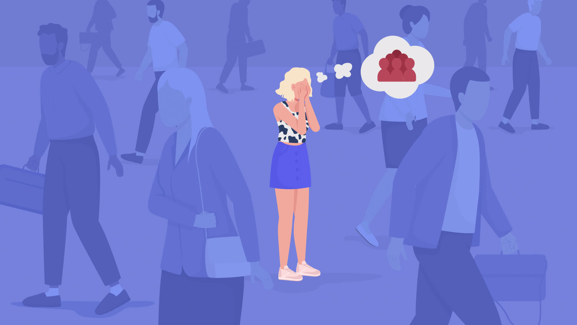 Animated agoraphobia illustration. Panic attack in crowd. Mental issue