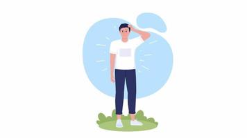 Animated feeling confused. Looped 2D cartoon flat characters on white with alpha channel transparency for web design. HD video footage. Hesitated man. Searching solution concept animation