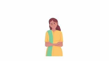 Animated hesitated lady. Confusing woman. Thinking lady. Full body flat person on white background with alpha channel transparency. Colorful cartoon style HD video footage of character for animation