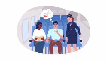 Animated isolated fear of flying. Looped flat 2D characters HD video footage. Panic attack in airplane colorful animation on white background with alpha channel transparency for website, social media